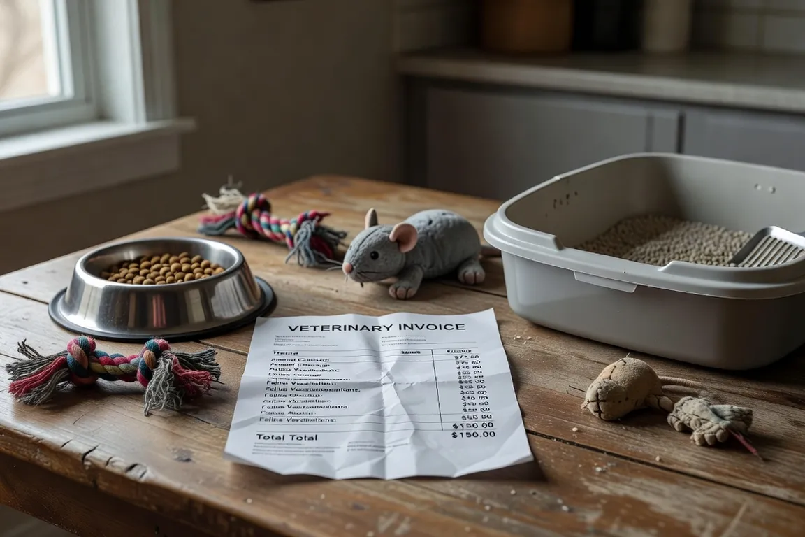 Table avec facture vétérinaire, gamelle, jouets et litière pour chat organisés pour illustrer un budget