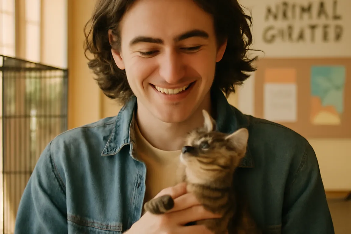 Jeune adulte qui adopte un chaton dans un refuge, ambiance chaleureuse et lumineuse, photo documentaire