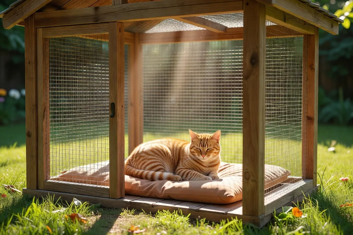 Chat installé sur un catio extérieur sécurisé, ambiance ensoleillée