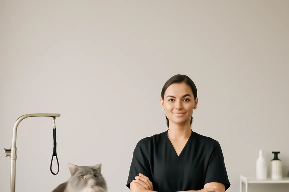 Portrait complet d’une toiletteuse féline souriante en blouse professionnelle