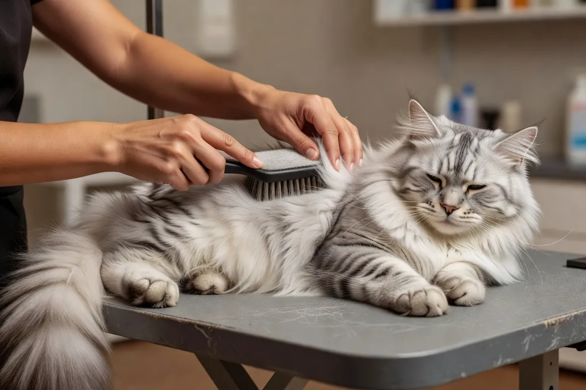 Gros plan sur des mains qui brossent doucement un chat au poil long sur une table de toilettage
