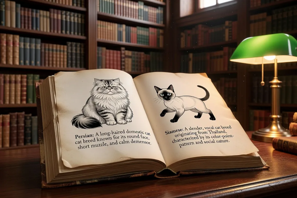 Livre ouvert avec des illustrations de chats et définitions