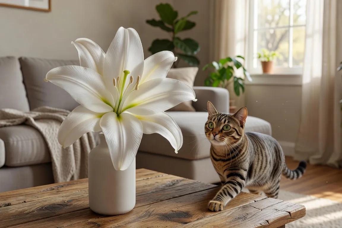 Gros plan sur un lys blanc dans un salon avec un chat curieux qui s’approche