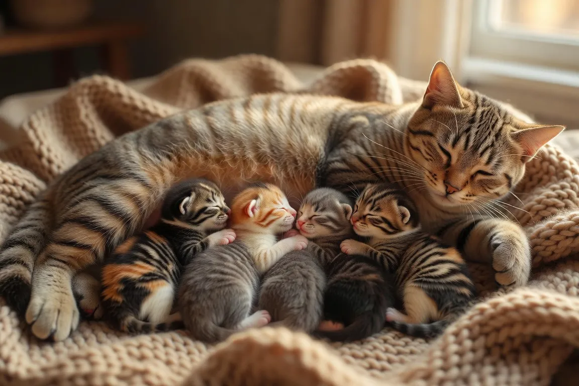 Portée de chatons nouveau-nés qui tètent leur mère sur une couverture douillette, lumière chaude