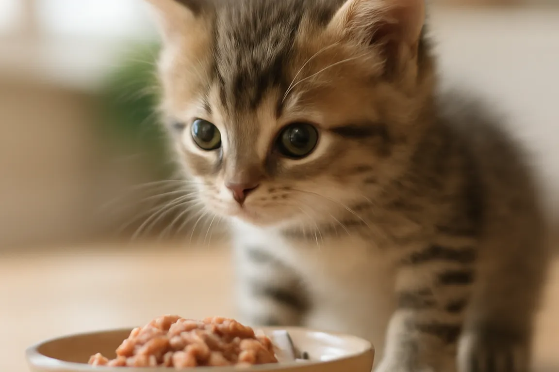 Chaton de quelques semaines qui découvre une gamelle de pâtée pour la première fois, ambiance domestique