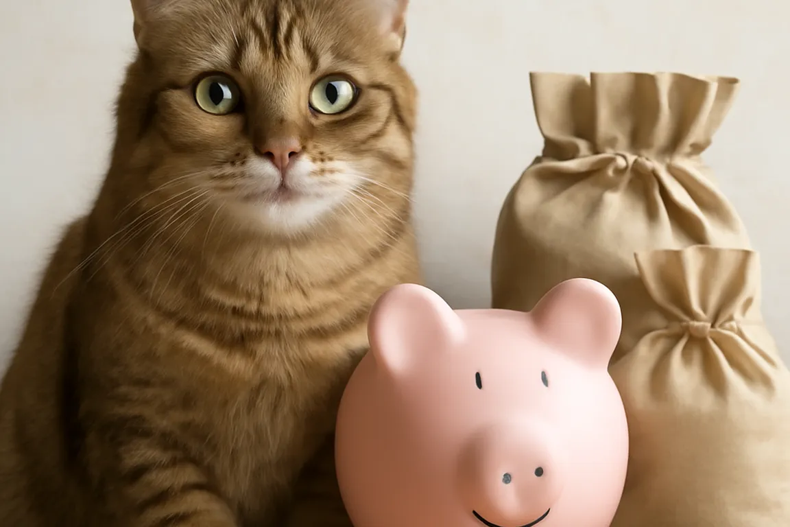 chat assis à côté d'une tirelire et de sacs de croquettes, symbole du budget félin, photo réaliste lumineuse
