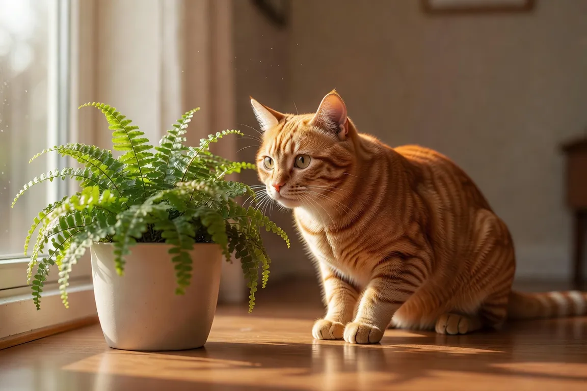chat roux qui renifle une plante verte en pot près d'une fenêtre, lumière douce d'après-midi, photo réaliste