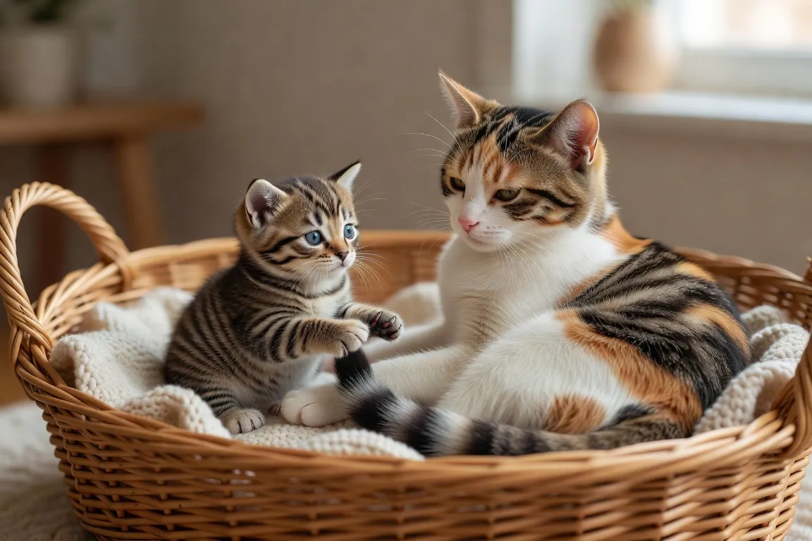 chaton âgé de 5 semaines qui joue avec sa mère dans un panier, lumière naturelle douce, photo éditoriale