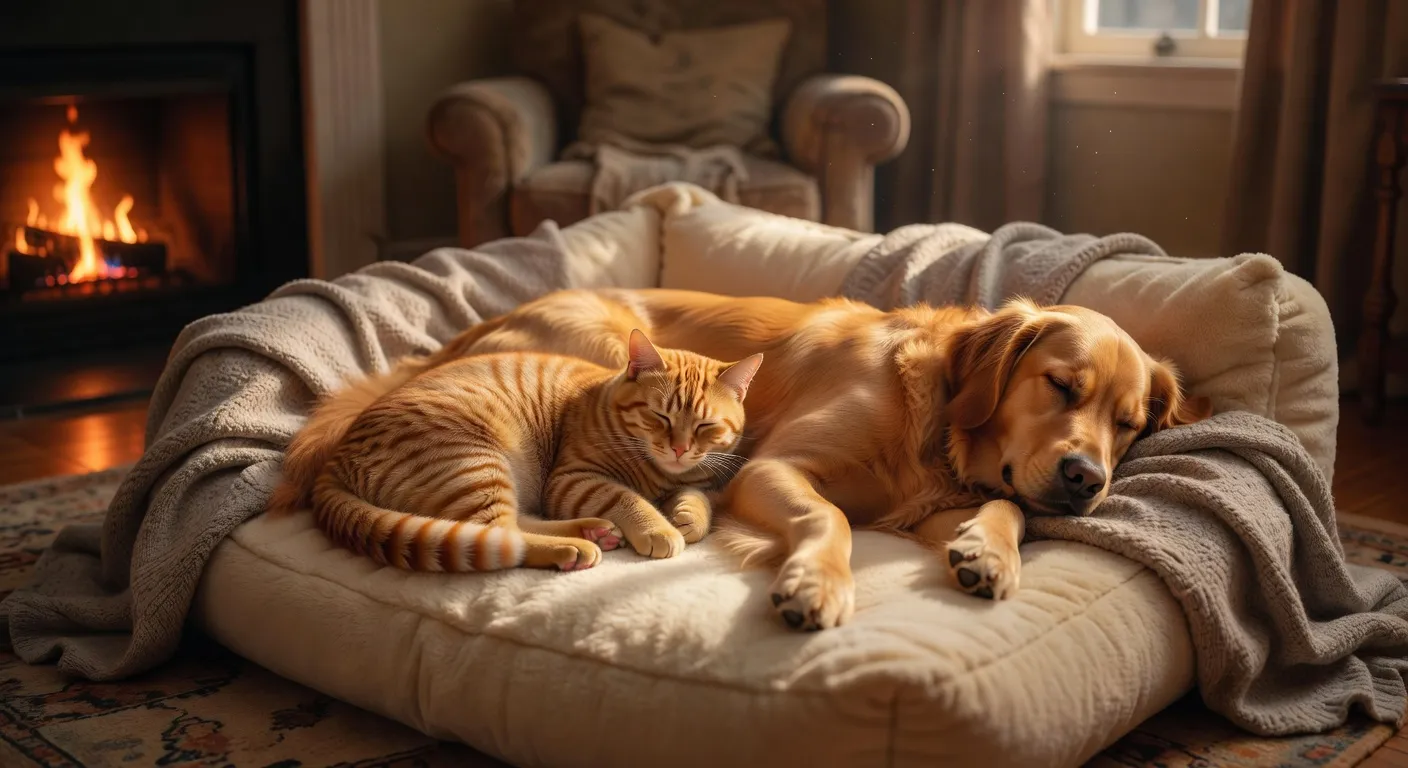 Un chat perché sur un arbre à chat observant un chien allongé paisiblement en contrebas