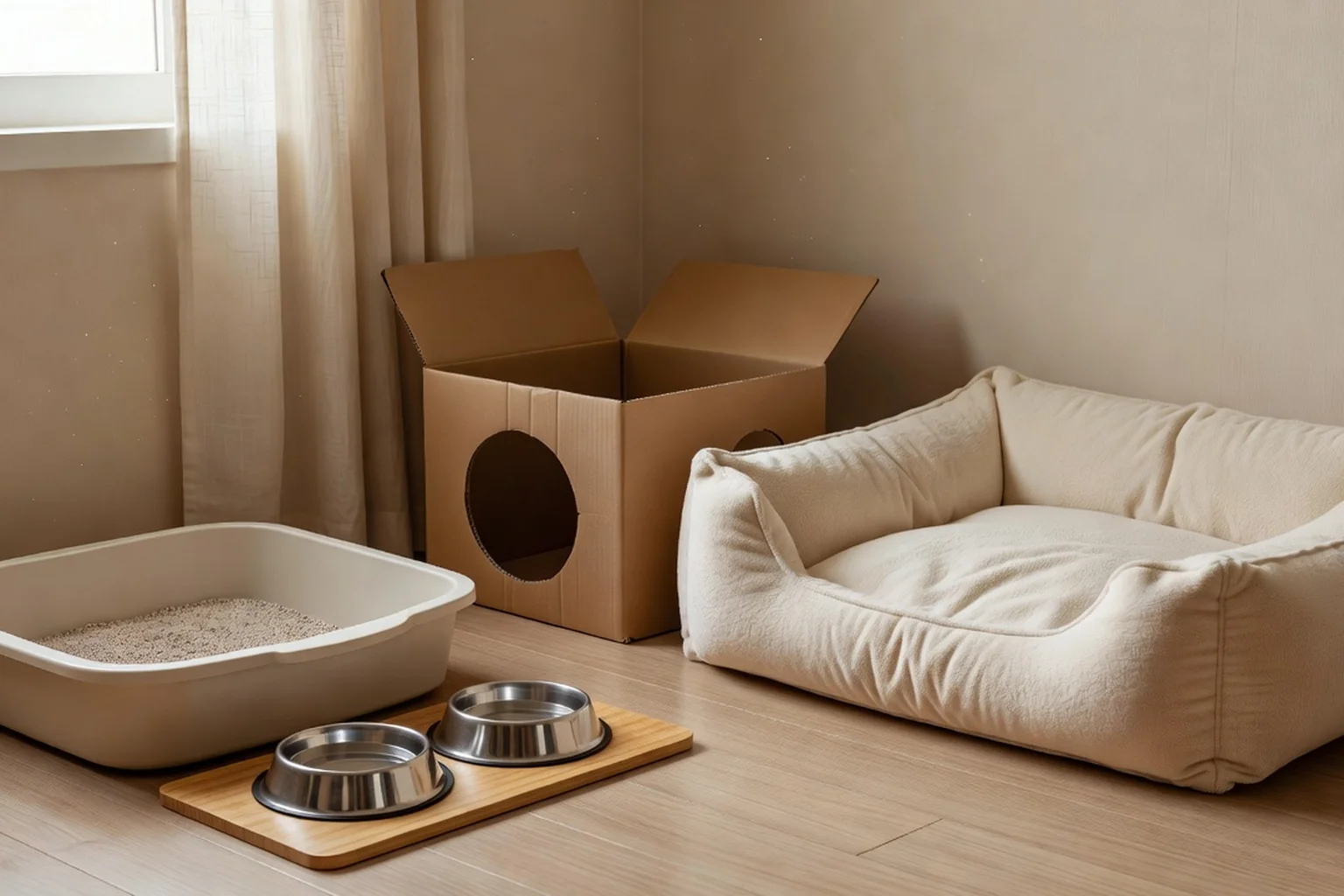 Une petite pièce calme aménagée pour un chat adopté, avec un bac à litière, deux gamelles en inox, un panier moelleux et un grand carton-cachette ouvert sur le côté