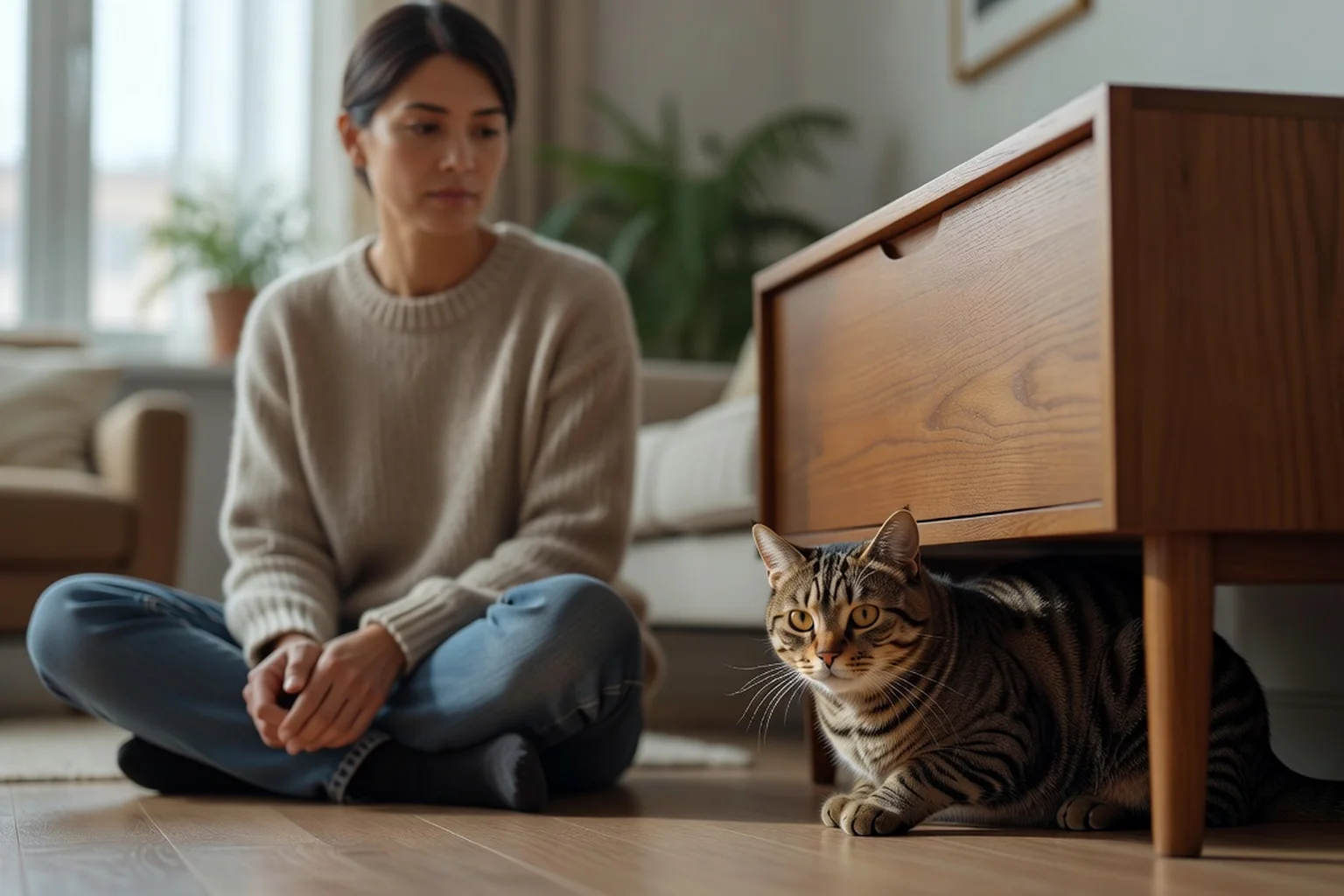 Une personne assise calmement au sol d'un salon, à distance respectueuse, pendant qu'un chat tigré l'observe depuis sa cachette sous un meuble en bois