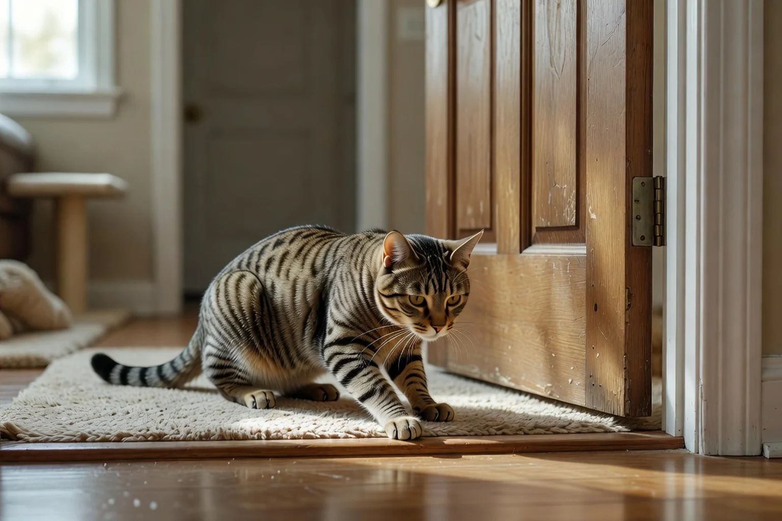 Un chat tigré adulte franchissant prudemment le seuil d'une porte en bois entrouverte, dans une maison lumineuse