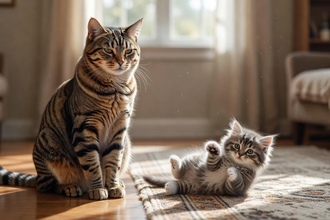Un chat adulte au pelage brillant assis dignement à côté d'un chaton joueur montrant le contraste entre les stades de vie