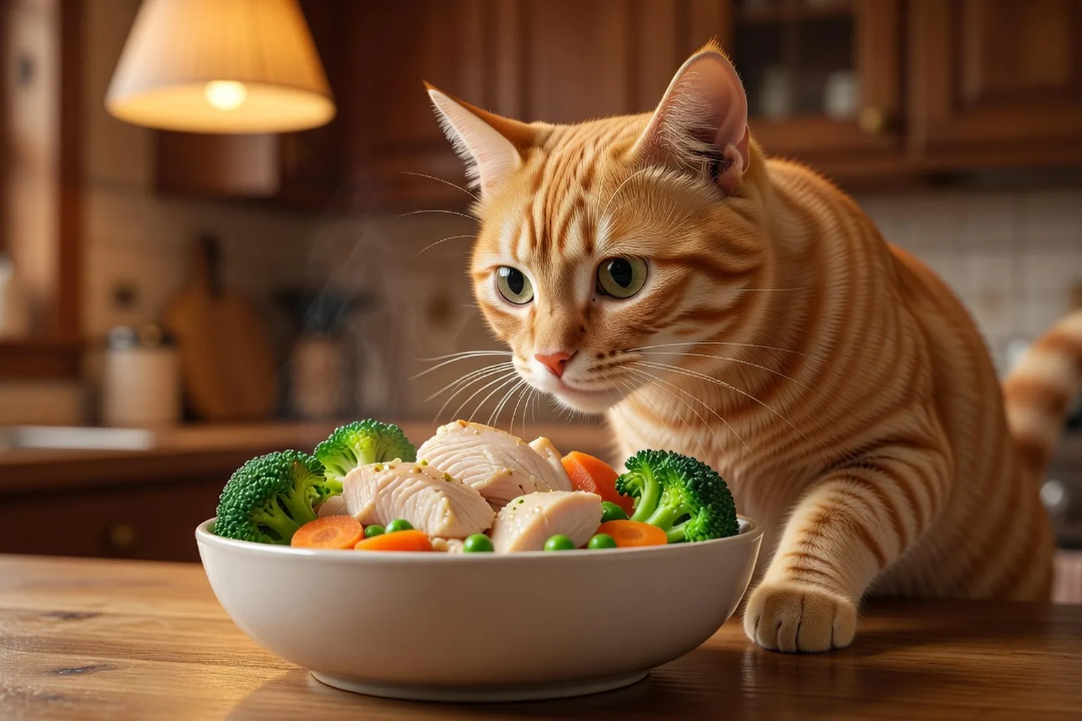 Un chat examinant curieusement un bol de nourriture naturelle fraîchement préparée avec du poulet et des légumes vapeur