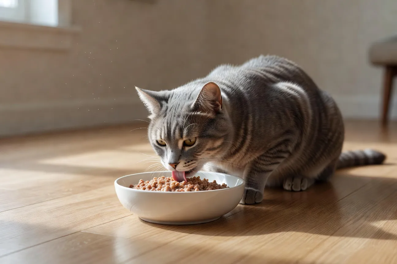 Chat gris âgé mangeant dans sa gamelle, cuisine moderne lumineuse, posture détendue