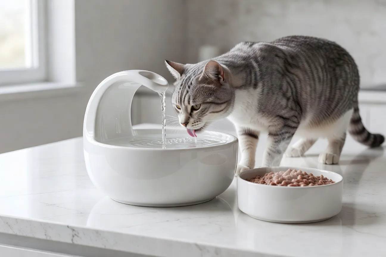 Gamelle d'eau fraîche à côté d'une gamelle de nourriture humide, chat senior en arrière-plan flou