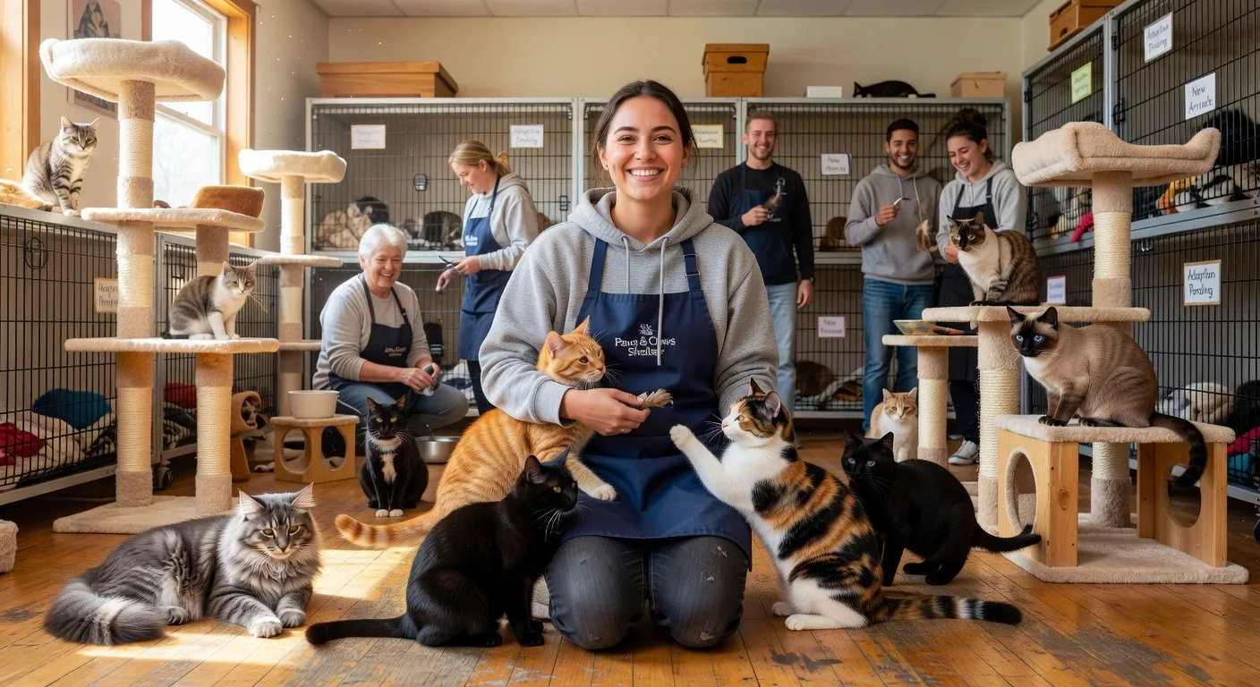 Un bénévole soignant un chat dans un refuge associatif