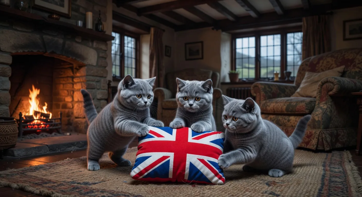 Un Scottish Fold aux oreilles pliées assis sur un plaid écossais dans un salon chaleureux