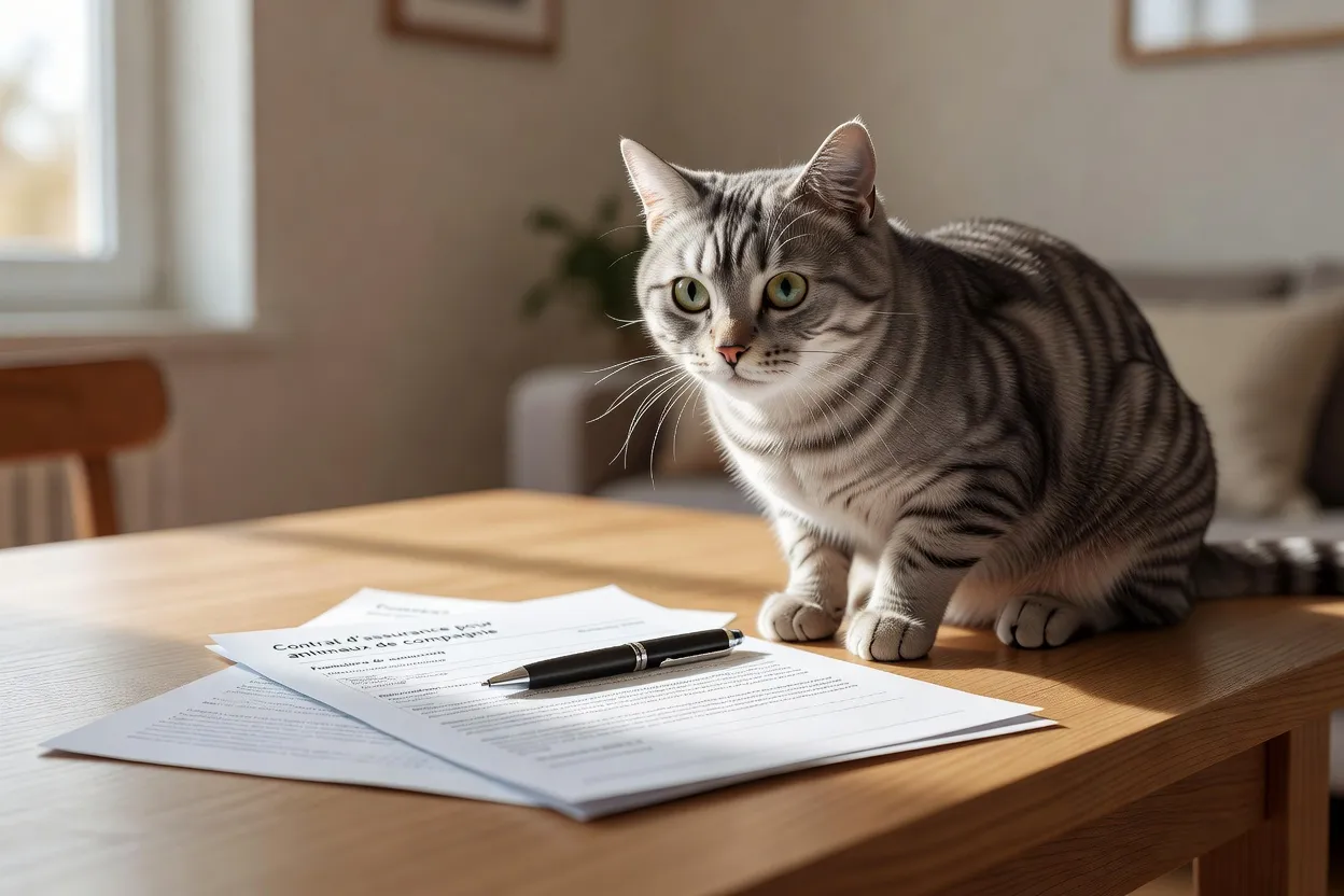 Des documents d’assurance et un stylo sur une table, avec un chat gris tigré assis à côté observant la scène