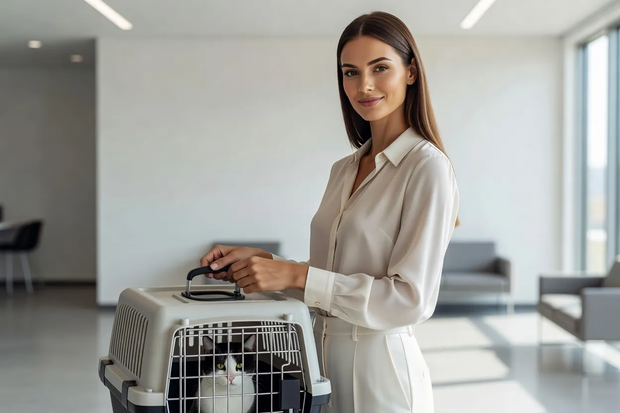 Une femme dans une salle d’attente vétérinaire lumineuse portant une cage de transport avec un chat noir et blanc à l’intérieur