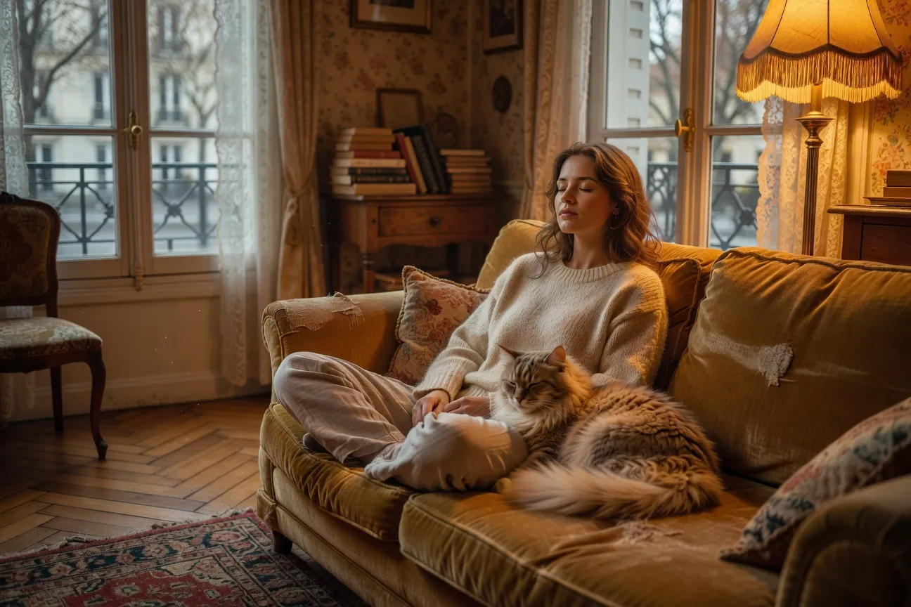 Femme détendue avec un chat sur ses genoux, scène apaisante salon chaleureux