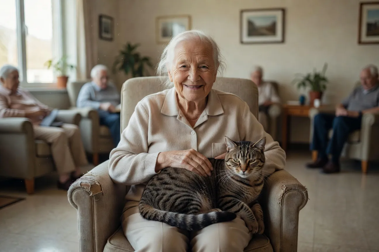 Personne âgée souriante caressant un chat en EHPAD, lumière naturelle douce