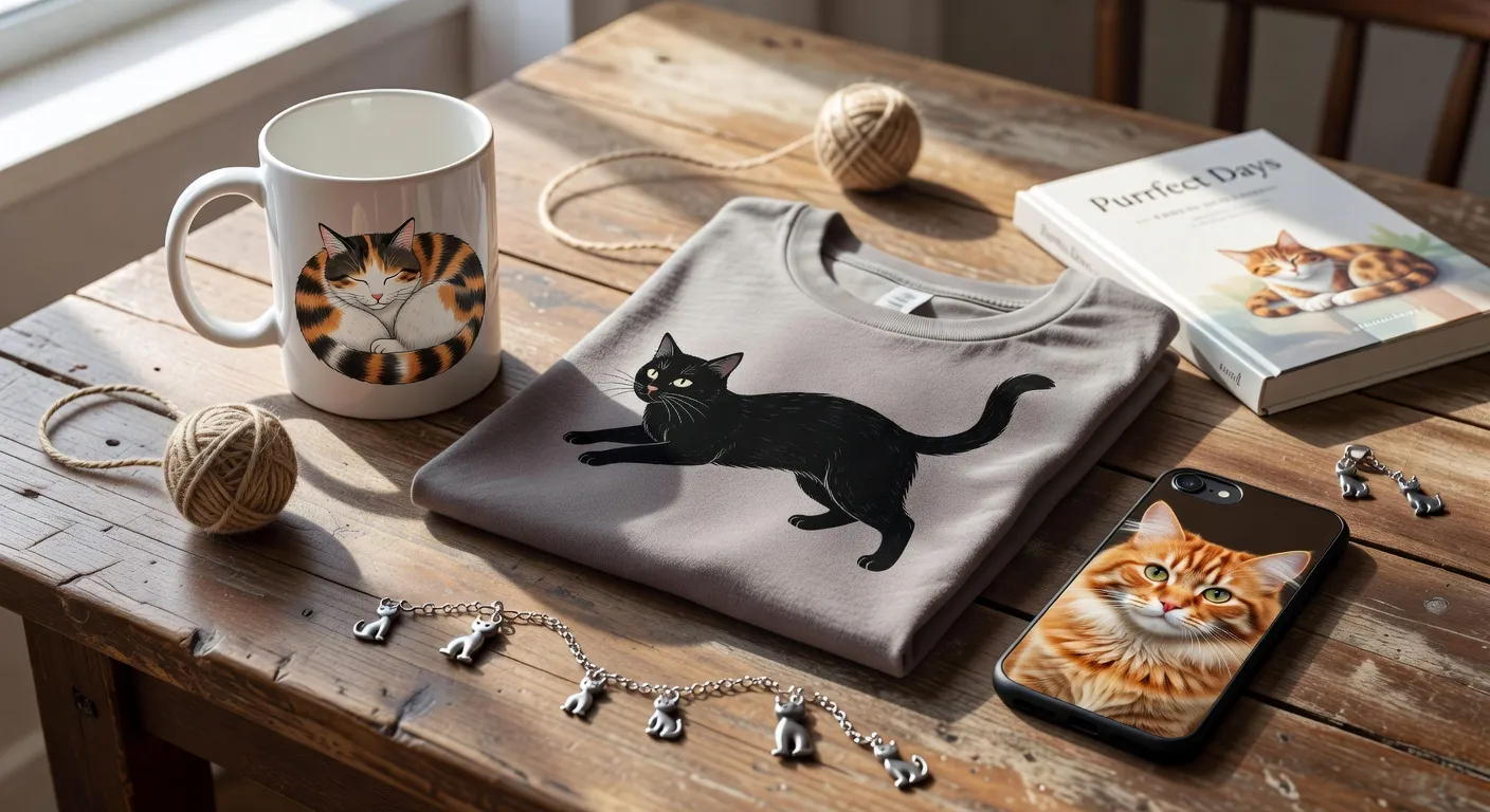Une sélection de bijoux et accessoires sur le thème du chat : bracelet, pendentif et bague