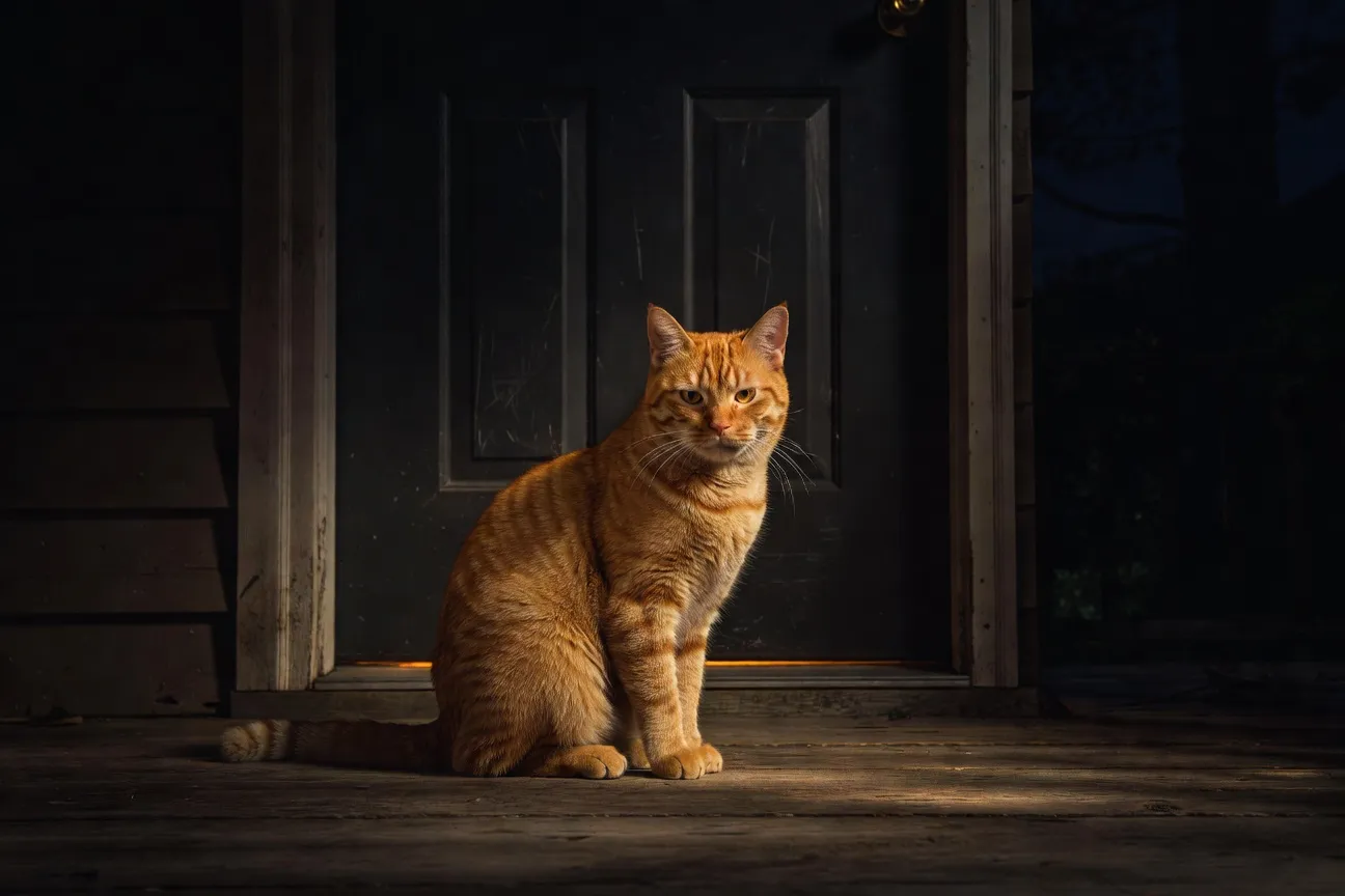 Chat mâle roux assis devant une porte fermée la nuit, posture d'attente frustrée, éclairage tamisé