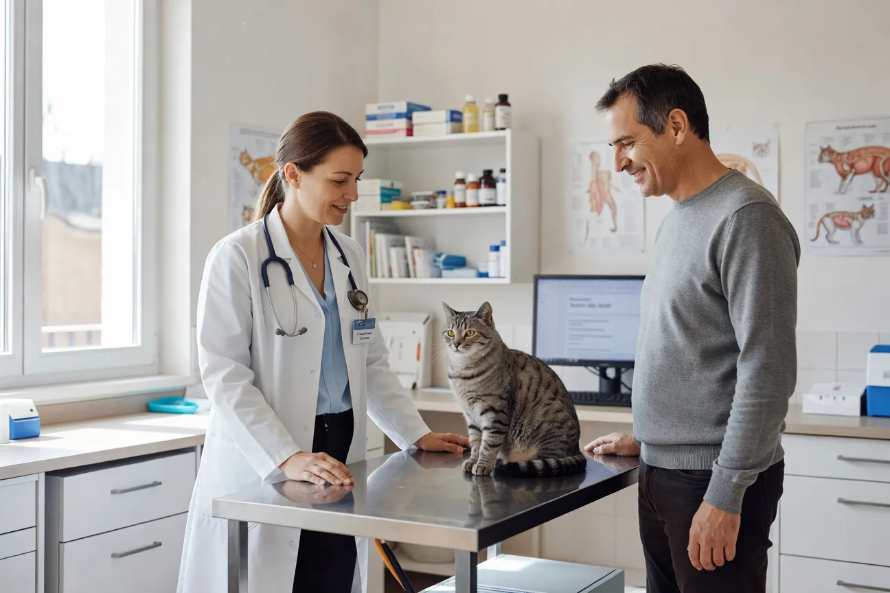 Vétérinaire discutant avec un propriétaire de chat, salle de consultation lumineuse, atmosphère bienveillante