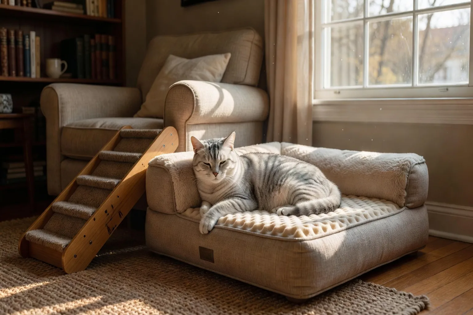 Un chat senior blanc aux oreilles roses en train de se reposer dans un panier orthopédique surélevé — l’aménagement du domicile est crucial pour les chats âgés