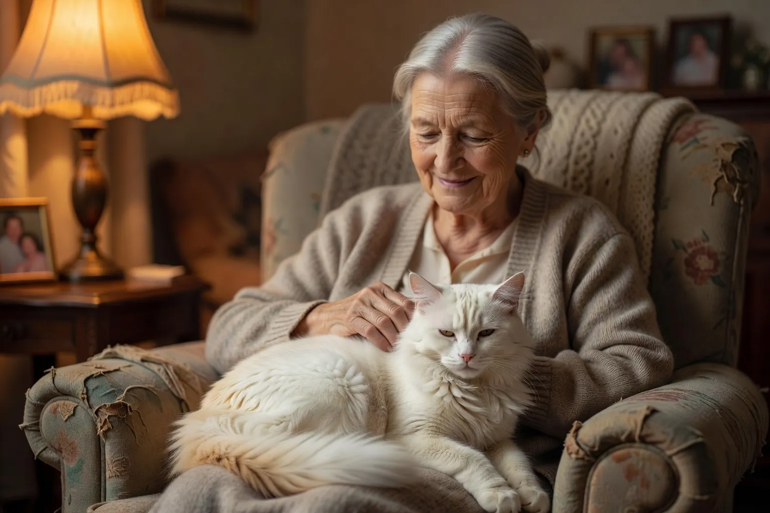 Une femme âgée prodiguant des soins tendres à son vieux chat blanc — la relation humain-chat senior s’approfondit dans les dernières années