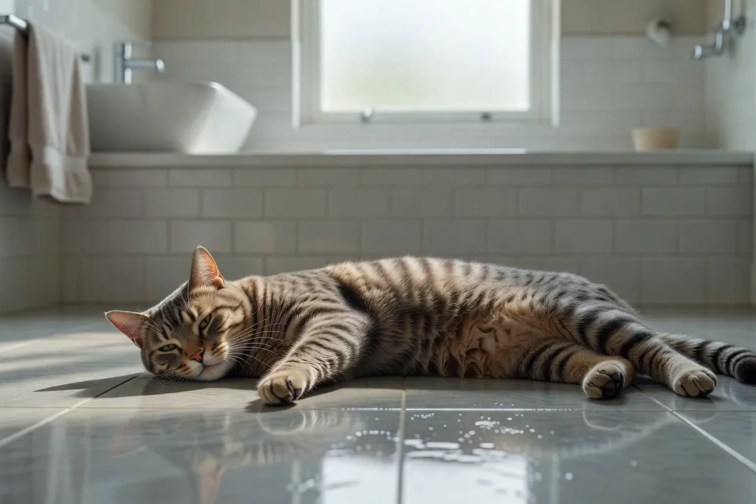 Un chat allongé sur le carrelage frais d'une cuisine ombragée, pattes étendues pour se rafraîchir