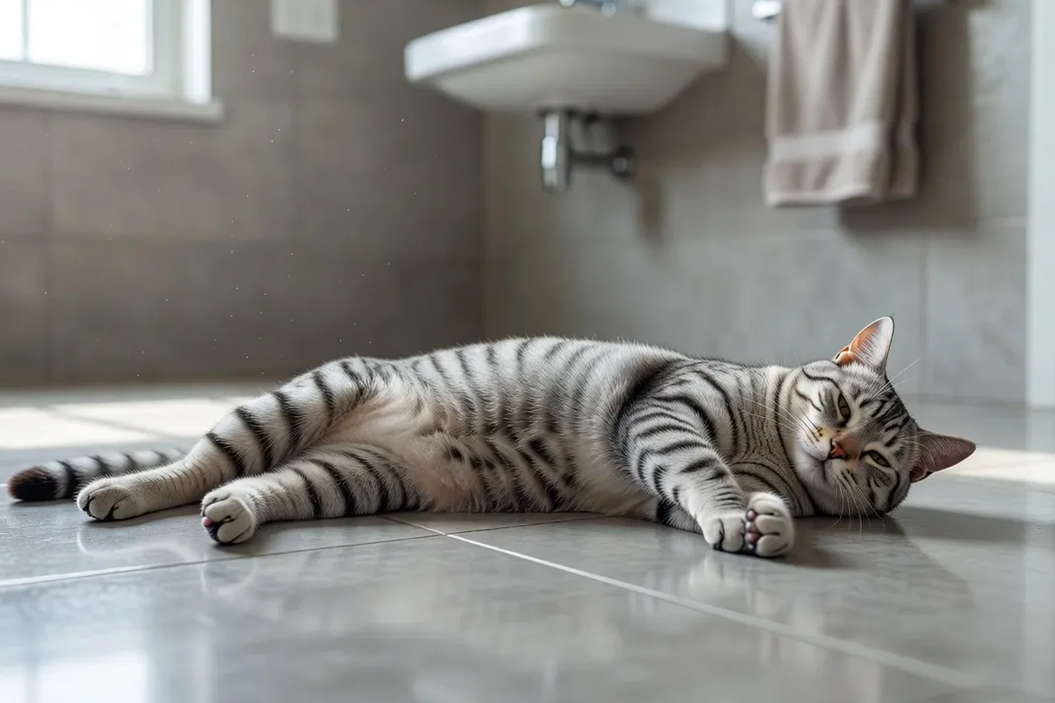 Une gamelle d'eau fraîche avec quelques glaçons posée sur le sol d'une cuisine ombragée, prête pour un chat