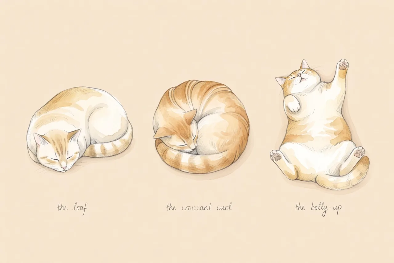 Trois positions de sommeil typiques du chat illustrées avec finesse : la boule, le pain de sucre et le ventre à l'air, sur un fond crème éditorial