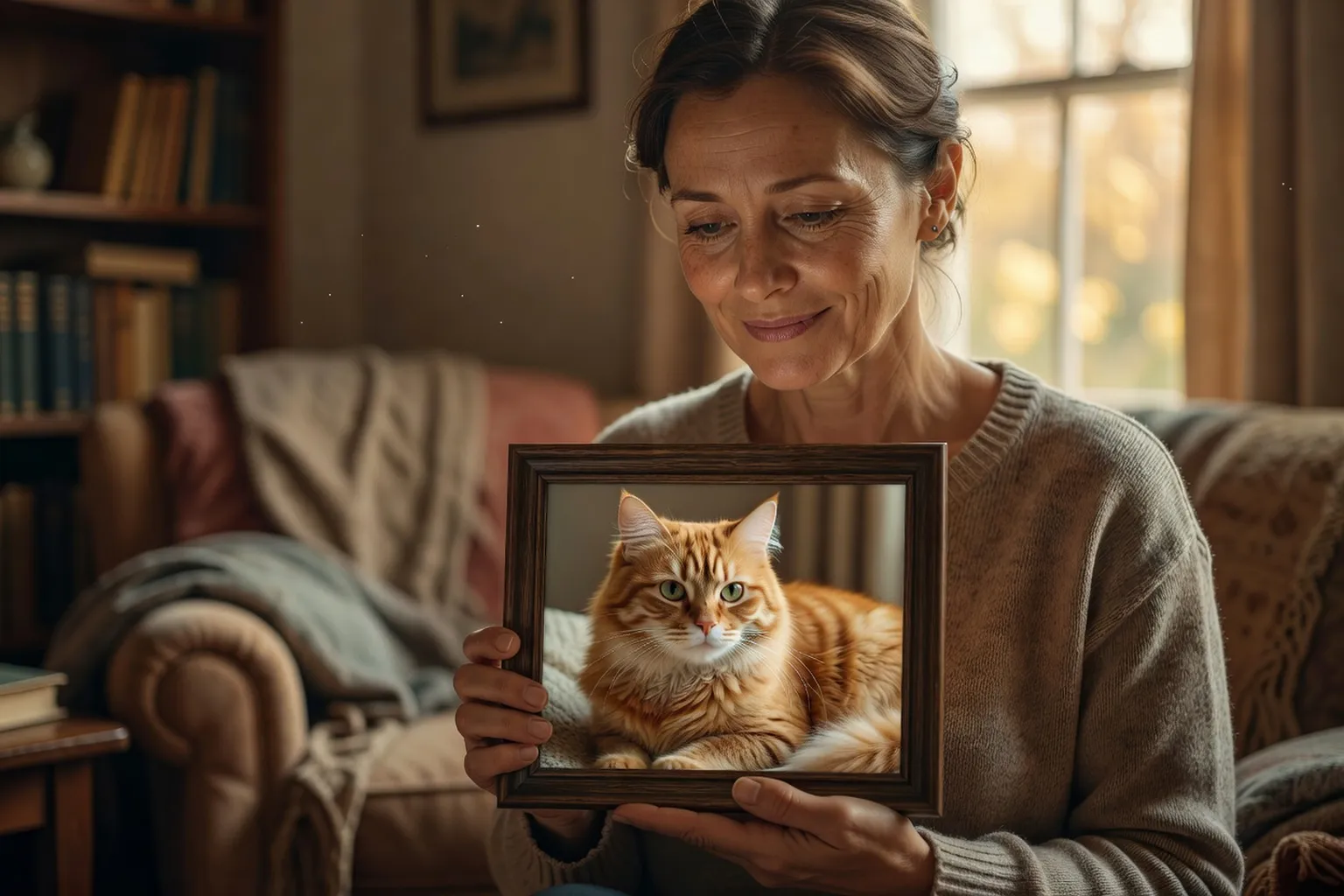 Une personne tenant une photo encadrée de son chat, expression de souvenir doux-amer, intérieur chaleureux et lumière naturelle