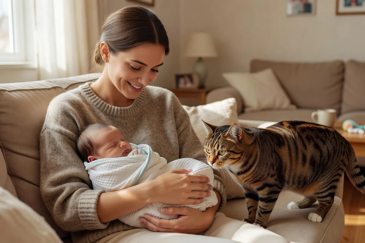 Un chat adulte calme reniflant une couverture de bébé posée sur le canapé, lors de la phase de préparation avant la naissance