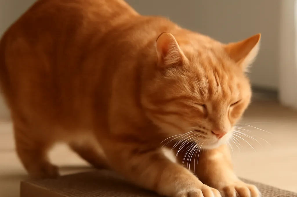 Un chat roux griffe avec entrain un griffoir horizontal en carton ondulé posé au sol