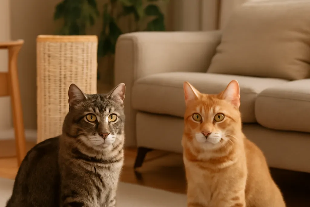 Deux chats domestiques distincts, l’un gris tigré et l’autre roux, assis calmement devant des griffoirs de textures différentes dans un salon