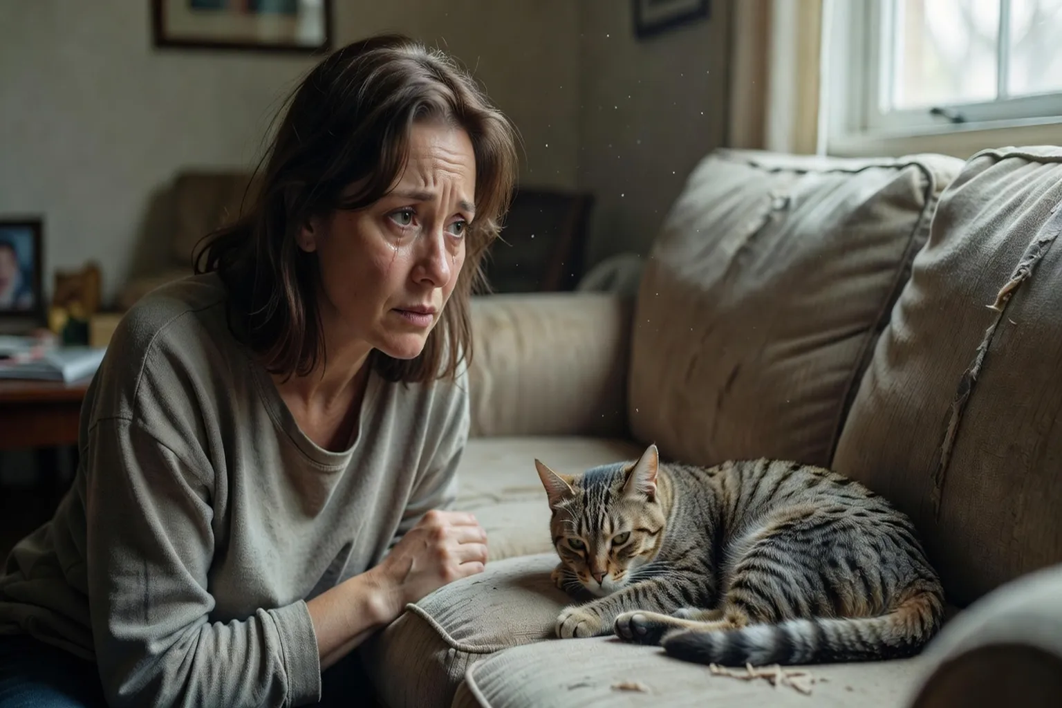 Un propriétaire inquiet observant son chat allongé sans réaction — savoir quand agir est la compétence la plus importante d’un propriétaire responsable