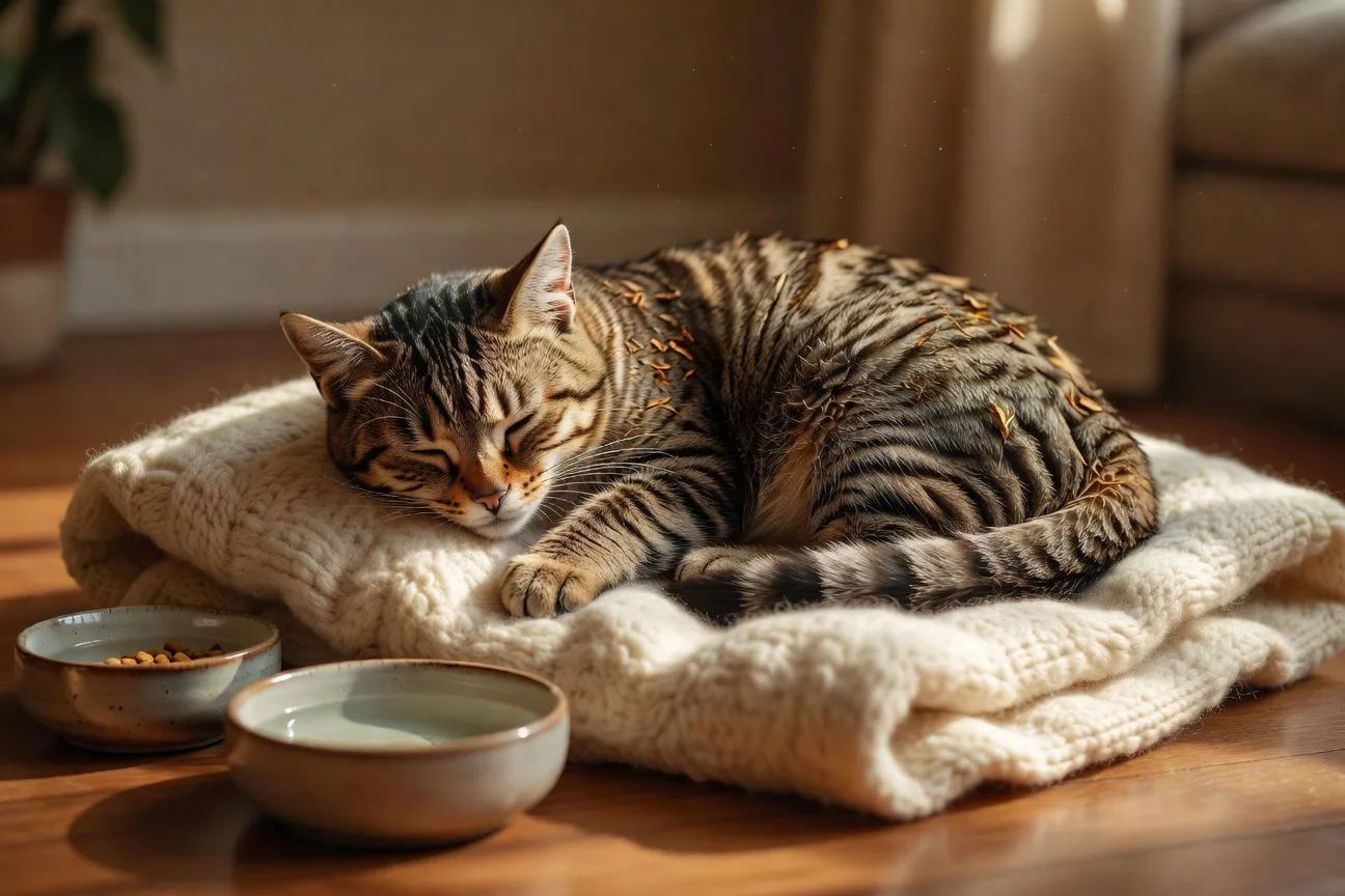 Un jeune chat tigré épuisé dormant profondément sur un plaid en laine après une longue escapade, à côté de sa gamelle