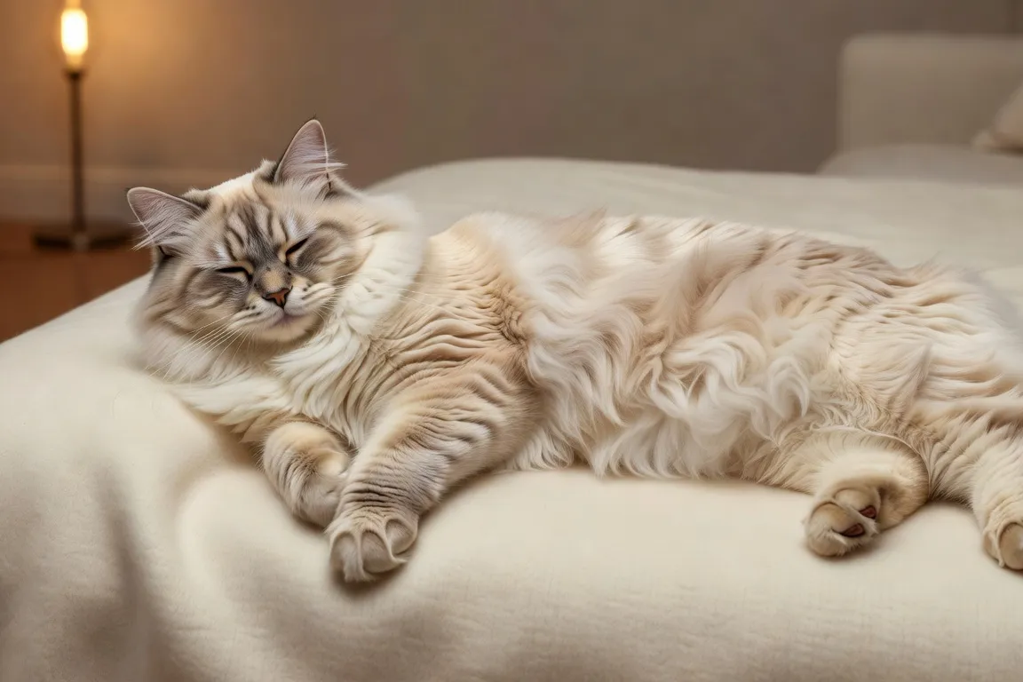 Un chat au pelage soyeux et brillant allongé sur un plaid, montrant un pelage sain après traitement