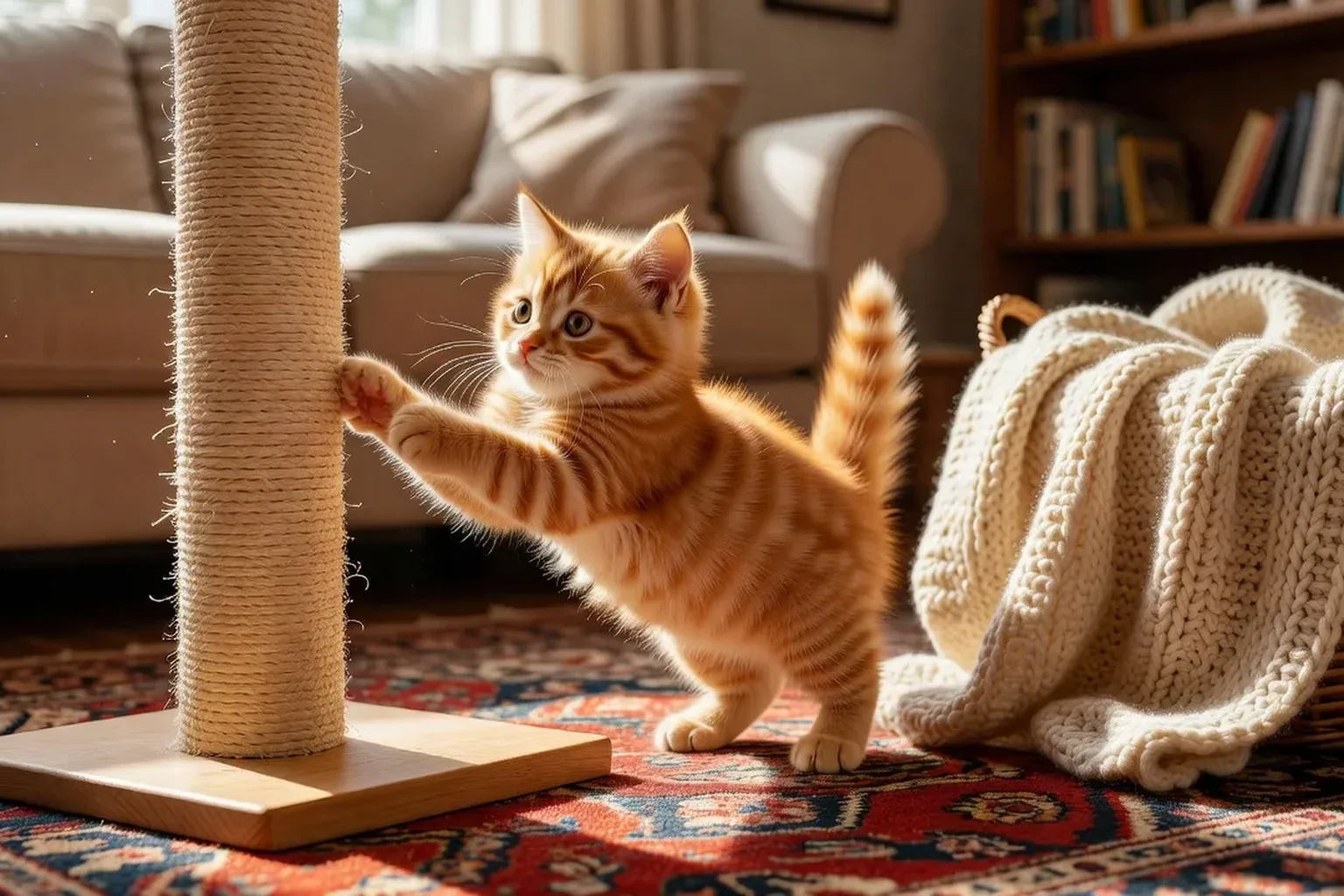 Un chaton roux explorant prudemment un salon, près d'un panier douillet et d'un griffoir neuf