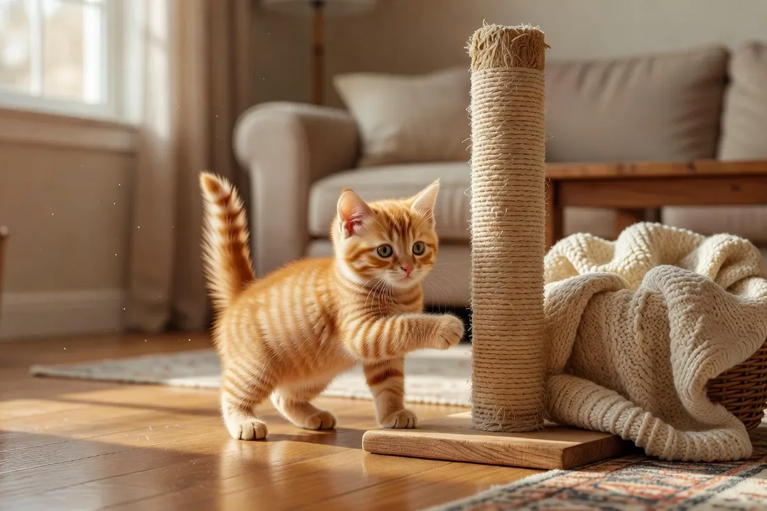 Deux chatons jouant ensemble avec une balle colorée sur un tapis doux, dans un salon familial