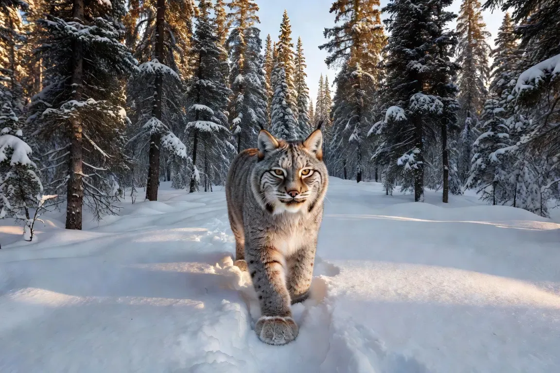 Lynx du Canada en forêt boréale enneigée, pattes larges sur la neige, regard alerte