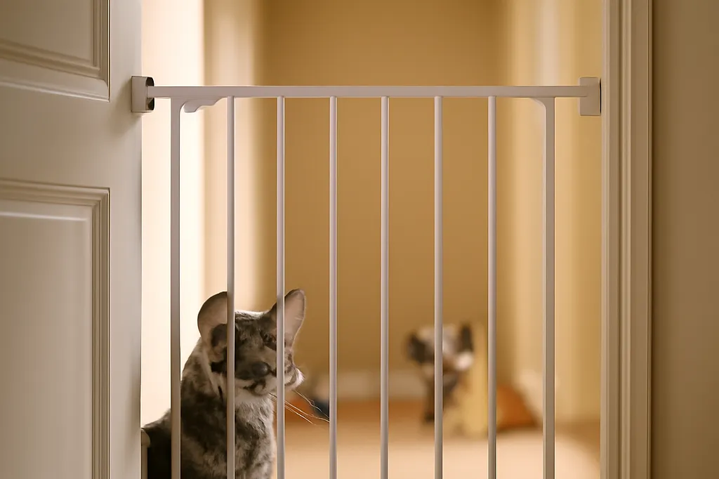 Un chat tigré gris observe calmement à travers les barreaux d'une barrière de sécurité installée dans l'encadrement d'une porte, un chien couché au loin de l'autre côté