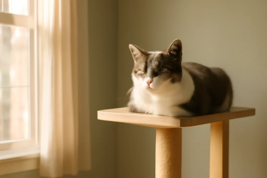 Un chat gris et blanc installé en hauteur sur la plateforme d'un arbre à chat près d'une fenêtre ensoleillée, détendu, les yeux mi-clos