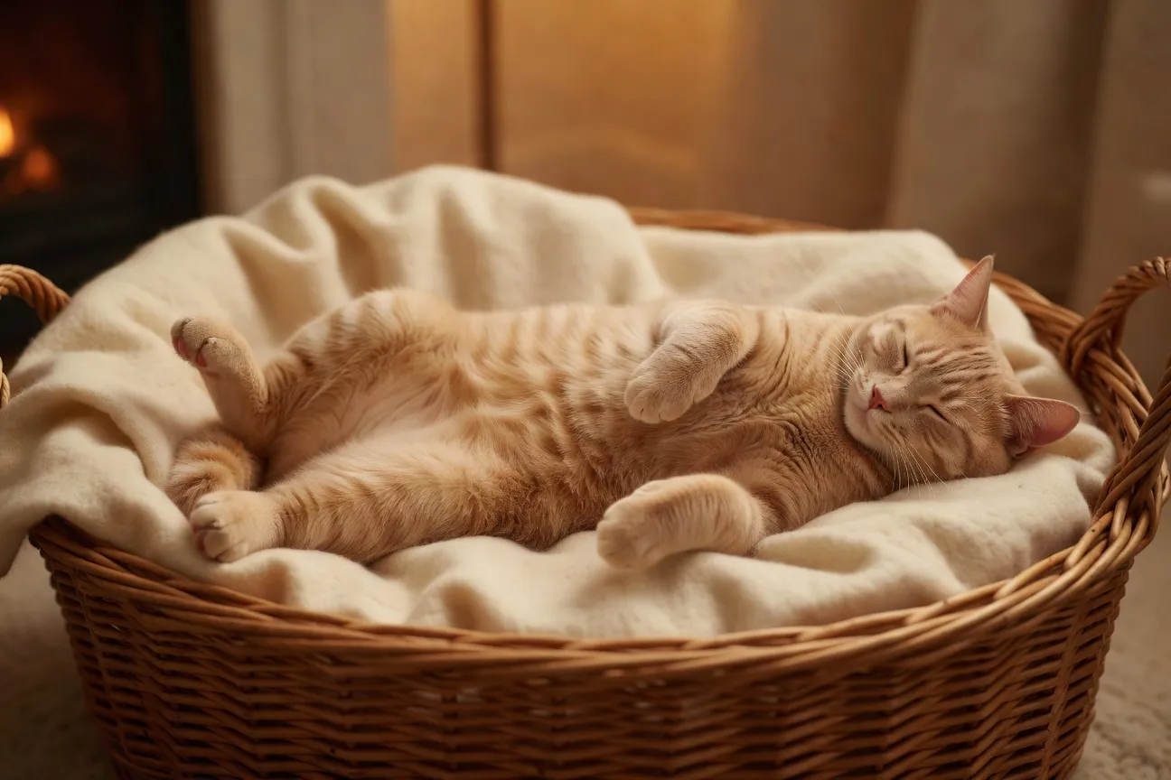 Un chat dormant sur le dos, pattes en l'air, dans un panier douillet en osier avec une couverture en laine