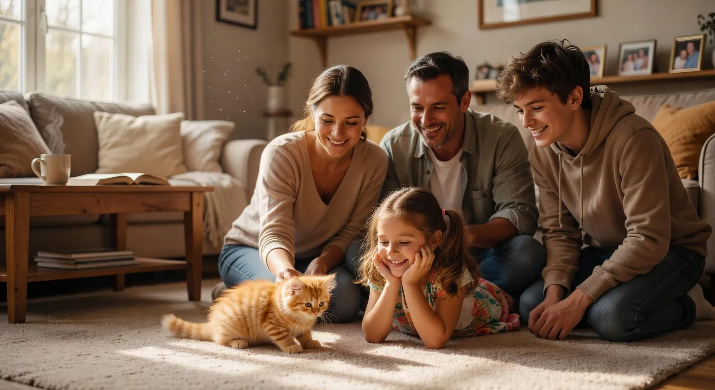 Un jeune présentant un dossier d'adoption de chat à ses parents attentifs autour de la table familiale