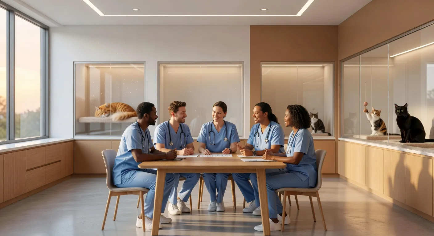 Une équipe de soigneurs s'occupant de chats dans un centre de soin moderne et bien équipé