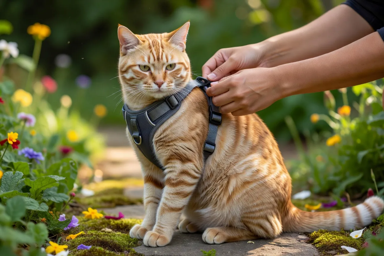 Un chat portant un harnais-veste confortablement ajusté